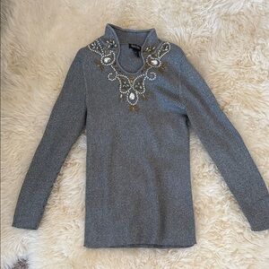 Embellished Gray Sweater with Gold Accents